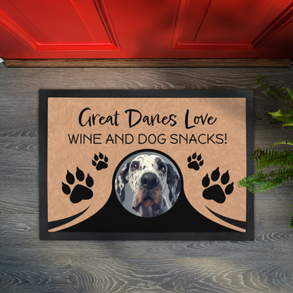 Great Danes Love Wine & Dog Snacks Personalized Doormat With Photo Upload