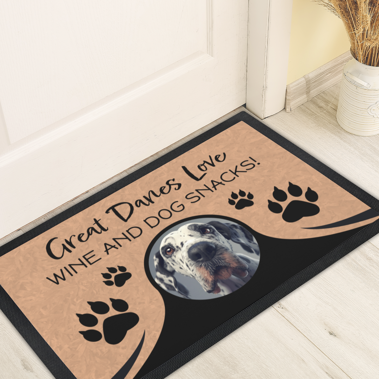 Great Danes Love Wine & Dog Snacks Personalized Doormat With Photo Upload