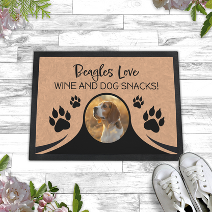 Beagles Love Wine & Dog Snacks Personalized Doormat With Photo Upload