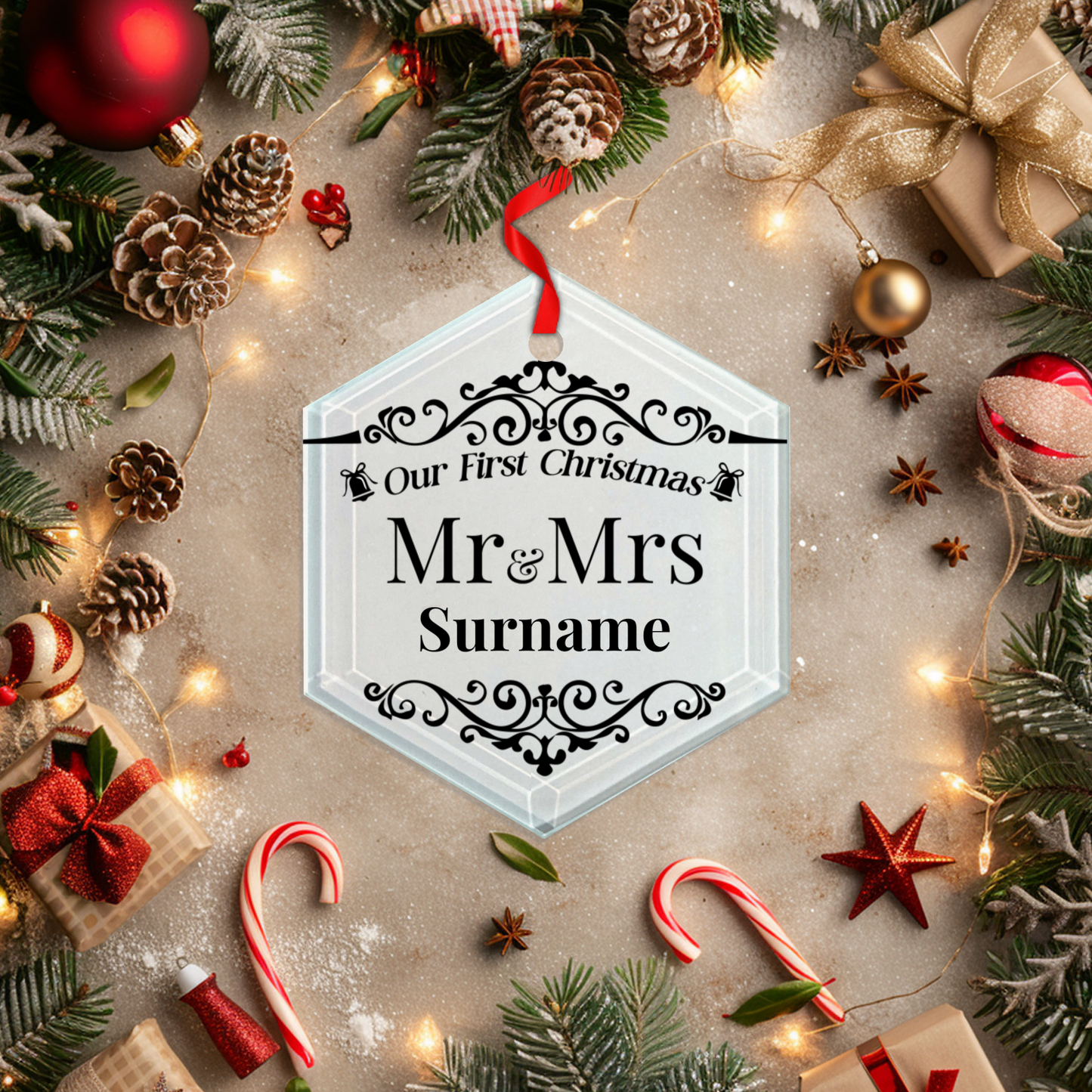 First Christmas Mr & Mrs Hexagon Hanging Ornament 006