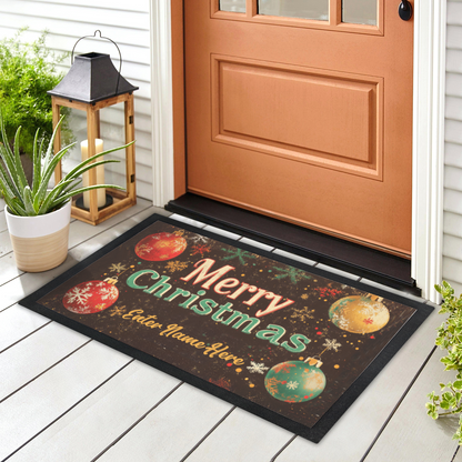 Personalized "Merry Christmas" Doormat Custom Name Holiday Entry Mat Christmas Welcome Mat with Ornaments Design Festive Entry Decor