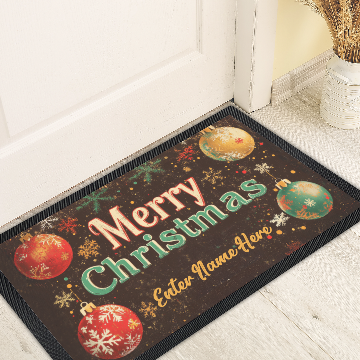 Personalized "Merry Christmas" Doormat Custom Name Holiday Entry Mat Christmas Welcome Mat with Ornaments Design Festive Entry Decor