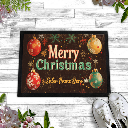 Personalized "Merry Christmas" Doormat Custom Name Holiday Entry Mat Christmas Welcome Mat with Ornaments Design Festive Entry Decor