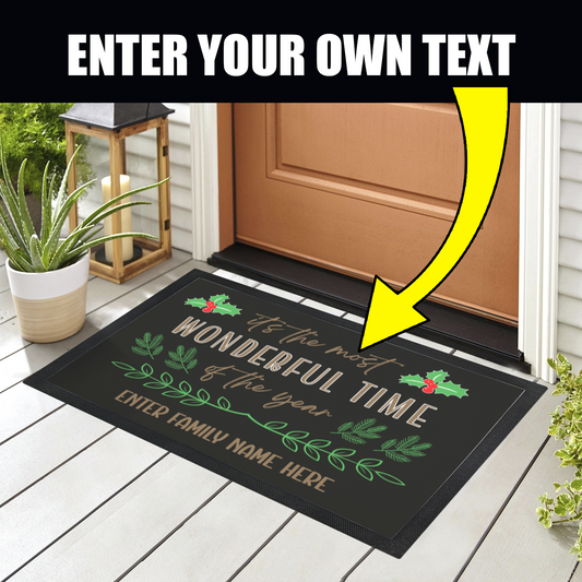 Personalized "Wonderful Time of the Year" Christmas Doormat Custom Name Holiday Entry Mat Christmas Welcome Mat with Festive Greenery Holiday Decor