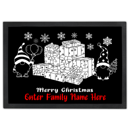 Personalized "Merry Christmas" Gnome Doormat Custom Name Holiday Entry Mat Gnome and Gift Themed Christmas Welcome Mat Festive Entry Decor