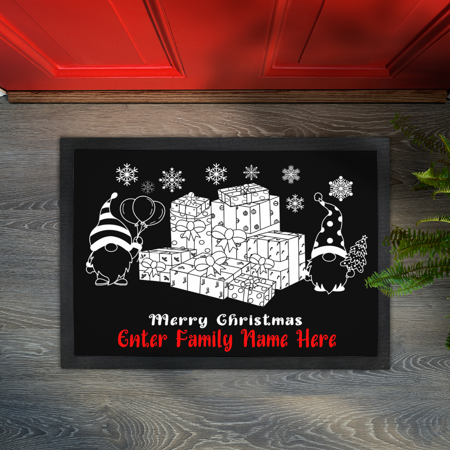 Personalized "Merry Christmas" Gnome Doormat Custom Name Holiday Entry Mat Gnome and Gift Themed Christmas Welcome Mat Festive Entry Decor