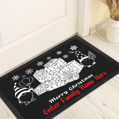 Personalized "Merry Christmas" Gnome Doormat Custom Name Holiday Entry Mat Gnome and Gift Themed Christmas Welcome Mat Festive Entry Decor