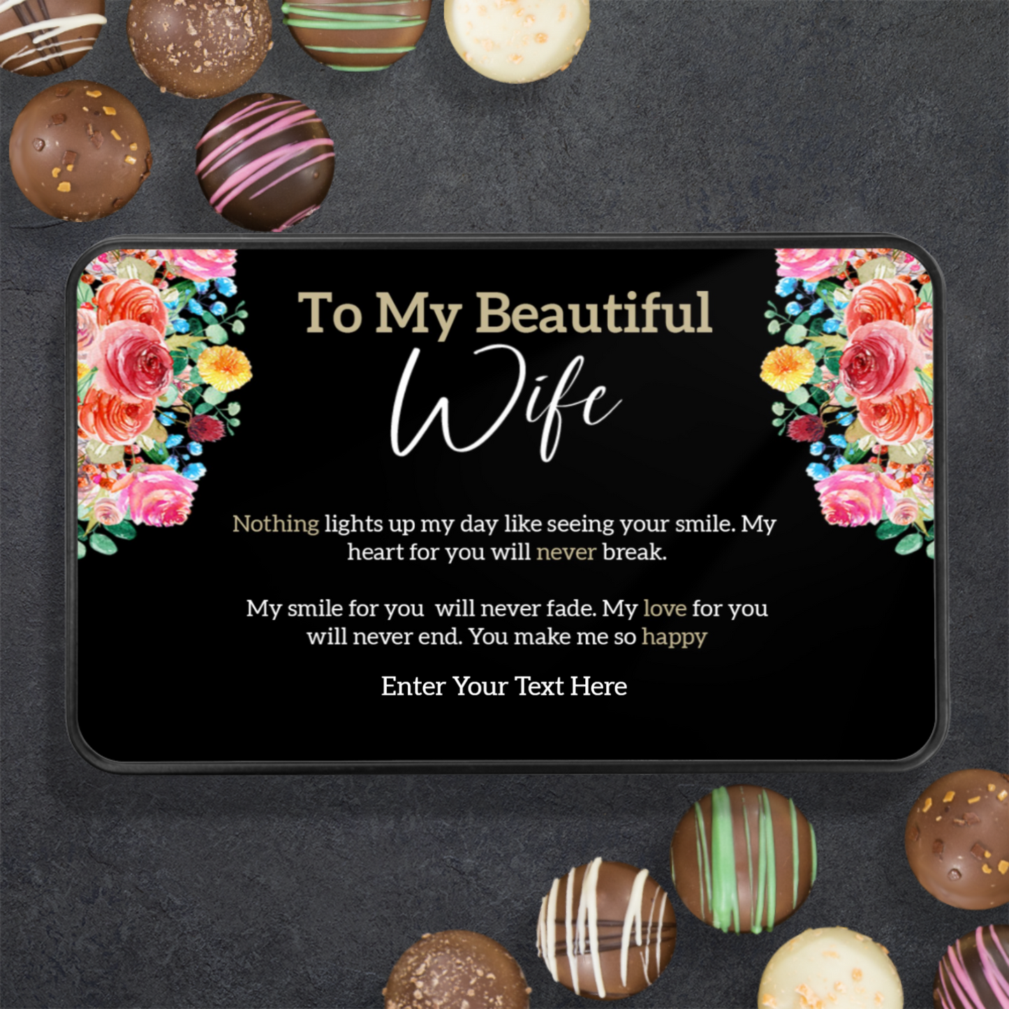 To My Beautiful Wife Handmade Chocolates In A Personalized Keepsake Tin