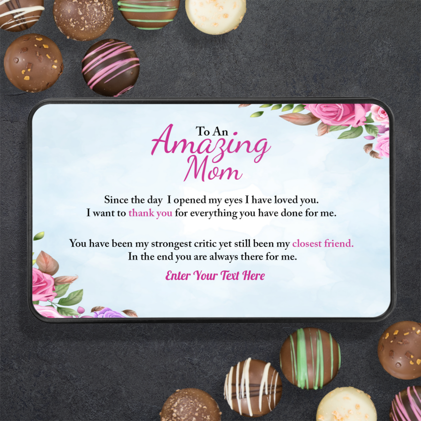 To An Amazing Mom  Keepsake Tin Of Handmade Chocolates With Personalized Text