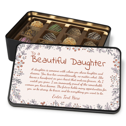 To A Beautiful Daughter Keepsake Tin Of Handmade Chocolates With Personalized Text