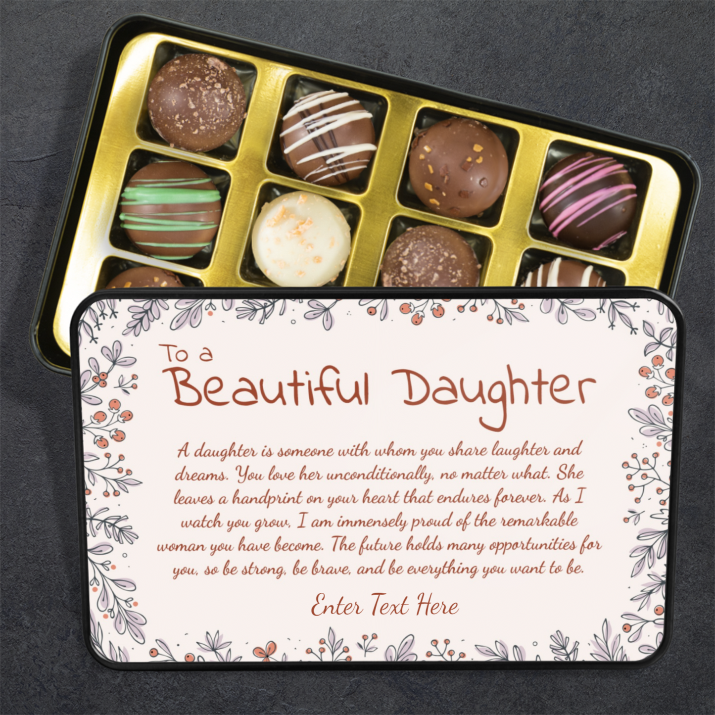 To A Beautiful Daughter Keepsake Tin Of Handmade Chocolates With Personalized Text