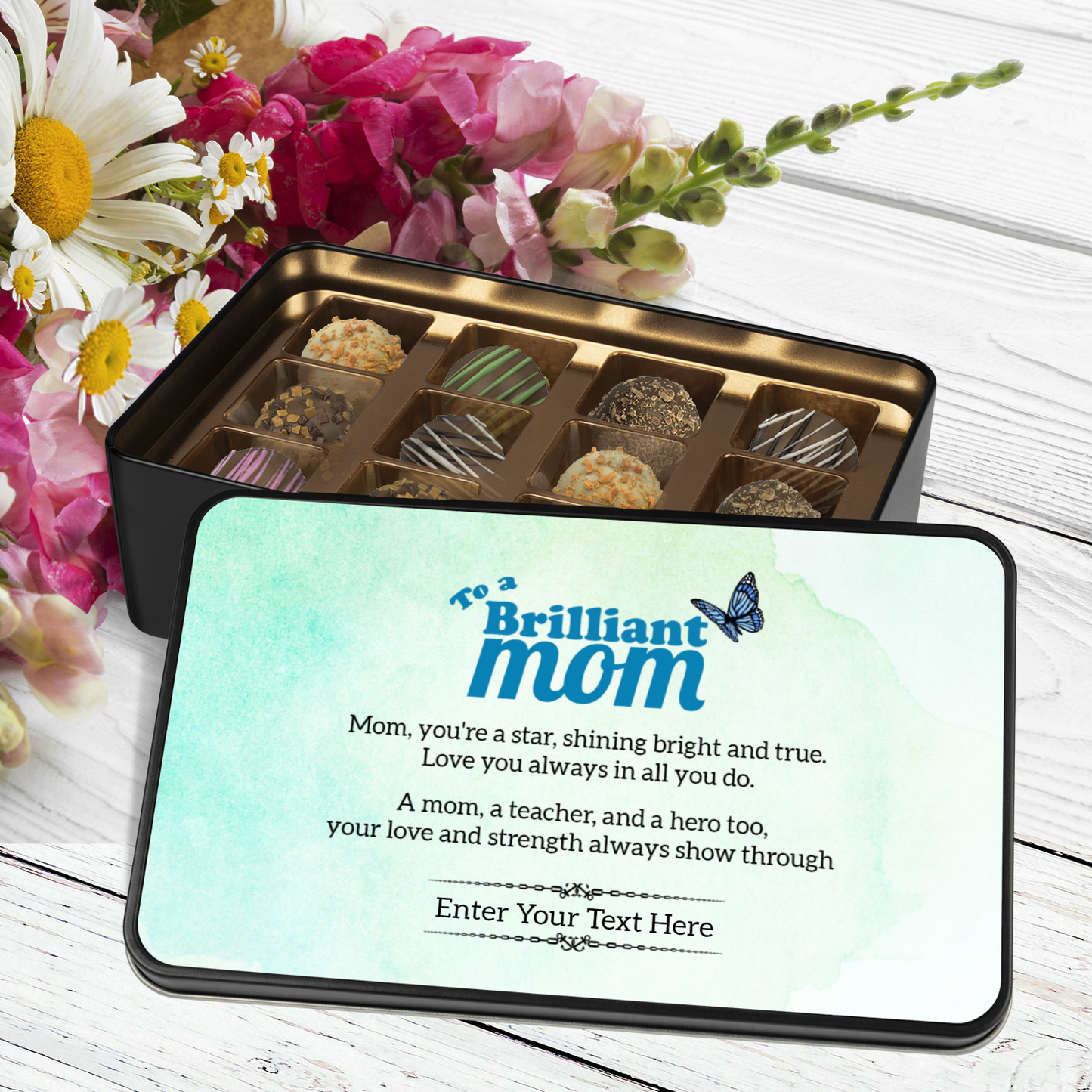 To A Brilliant Mom Keepsake Tin Of Handmade Luxury Chocolates With Personalized Text