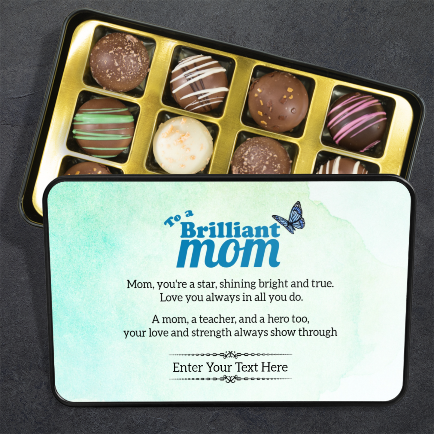 To A Brilliant Mom Keepsake Tin Of Handmade Luxury Chocolates With Personalized Text