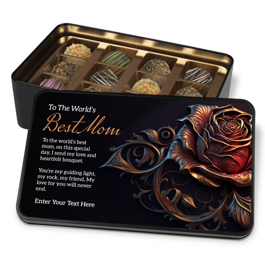 The Worlds Best Mom Keepsake Tin Of 12 Luxury Handmade Chocolates With Personalized Text