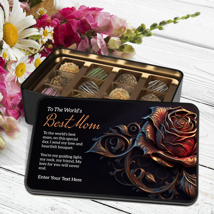 The Worlds Best Mom Keepsake Tin Of 12 Luxury Handmade Chocolates With Personalized Text