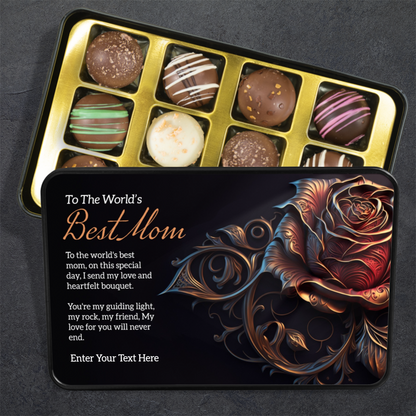 The Worlds Best Mom Keepsake Tin Of 12 Luxury Handmade Chocolates With Personalized Text