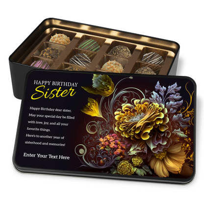 Happy Birthday Sister Keepsake Tin Of 12 Luxury Handmade Chocolate With Personalized Text