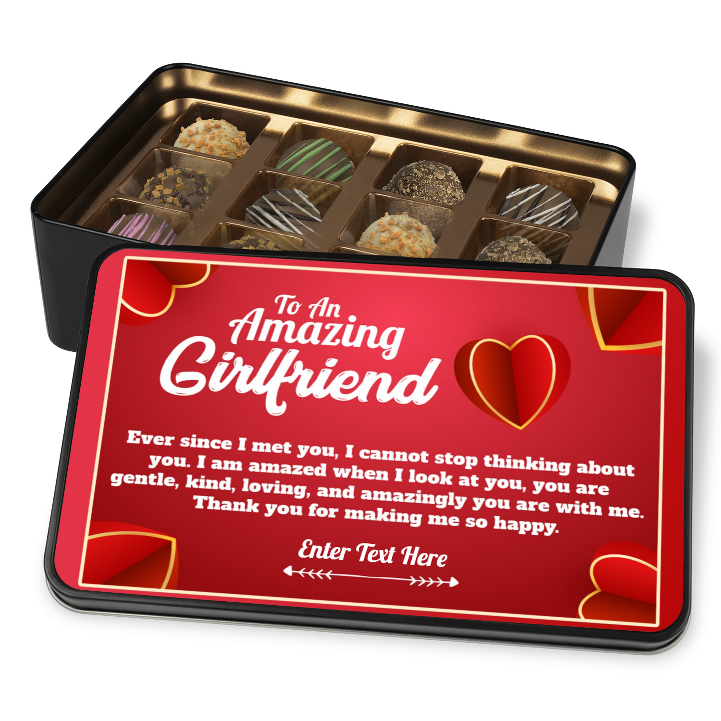 To An Amazing Girlfriend Keepsake Tin Of 12 Luxury Handmade Chocolates With Personalized Text