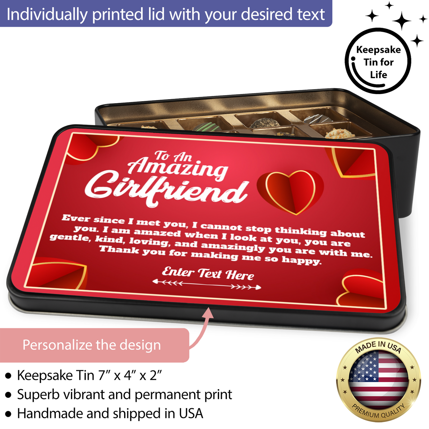 To An Amazing Girlfriend Keepsake Tin Of 12 Luxury Handmade Chocolates With Personalized Text