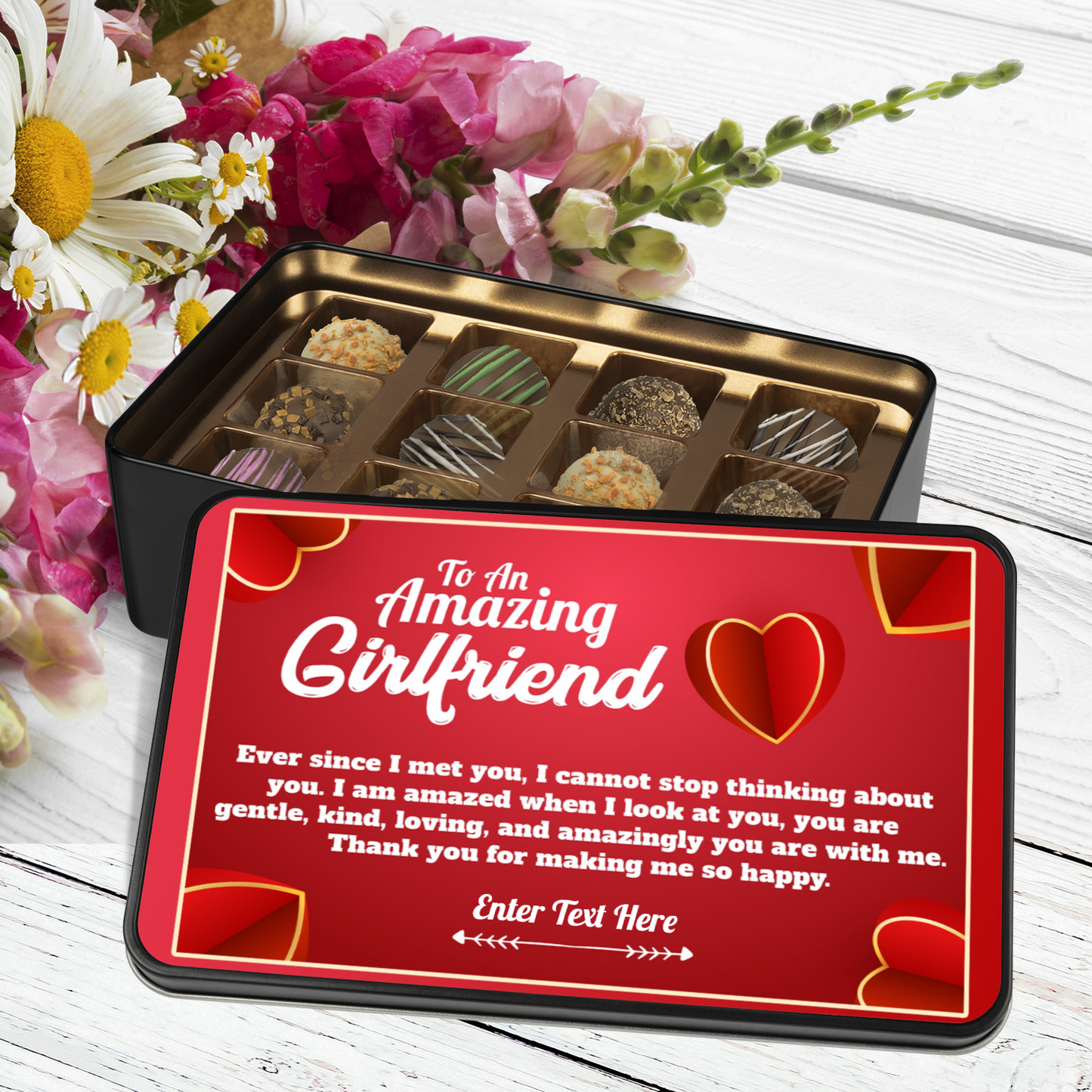 To An Amazing Girlfriend Keepsake Tin Of 12 Luxury Handmade Chocolates With Personalized Text