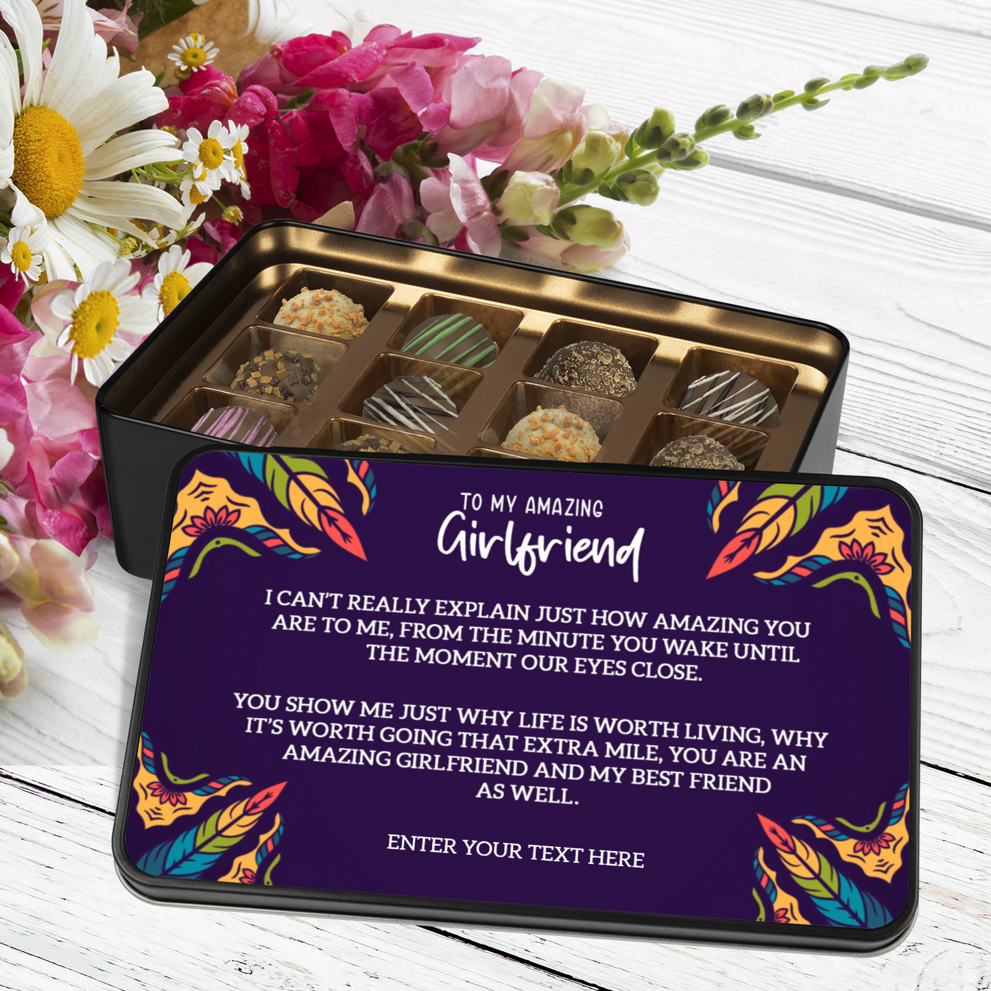 To My Amazing Girlfriend Keepsake Tin Of 12 Luxury Handmade Chocolates With Personalized Text