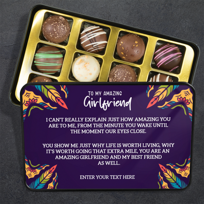 To My Amazing Girlfriend Keepsake Tin Of 12 Luxury Handmade Chocolates With Personalized Text