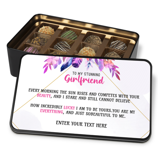 To My Stunning Girlfriend Keepsake Tin Of 12 Luxury Handmade Chocolates With Personalized Text