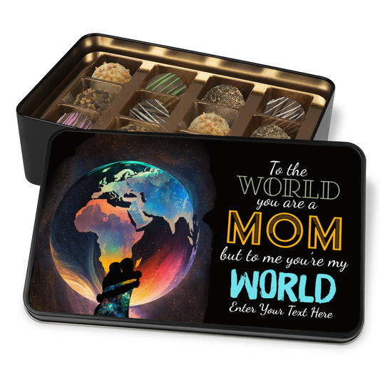 Mom You Are My World Keepsake Tin Of 12 Luxury Handmade Chocolates With Personalized Text