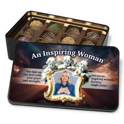 An Inspiring Woman Keepsake Tin Of 12 Luxury Handmade Chocolates With Personalized Text