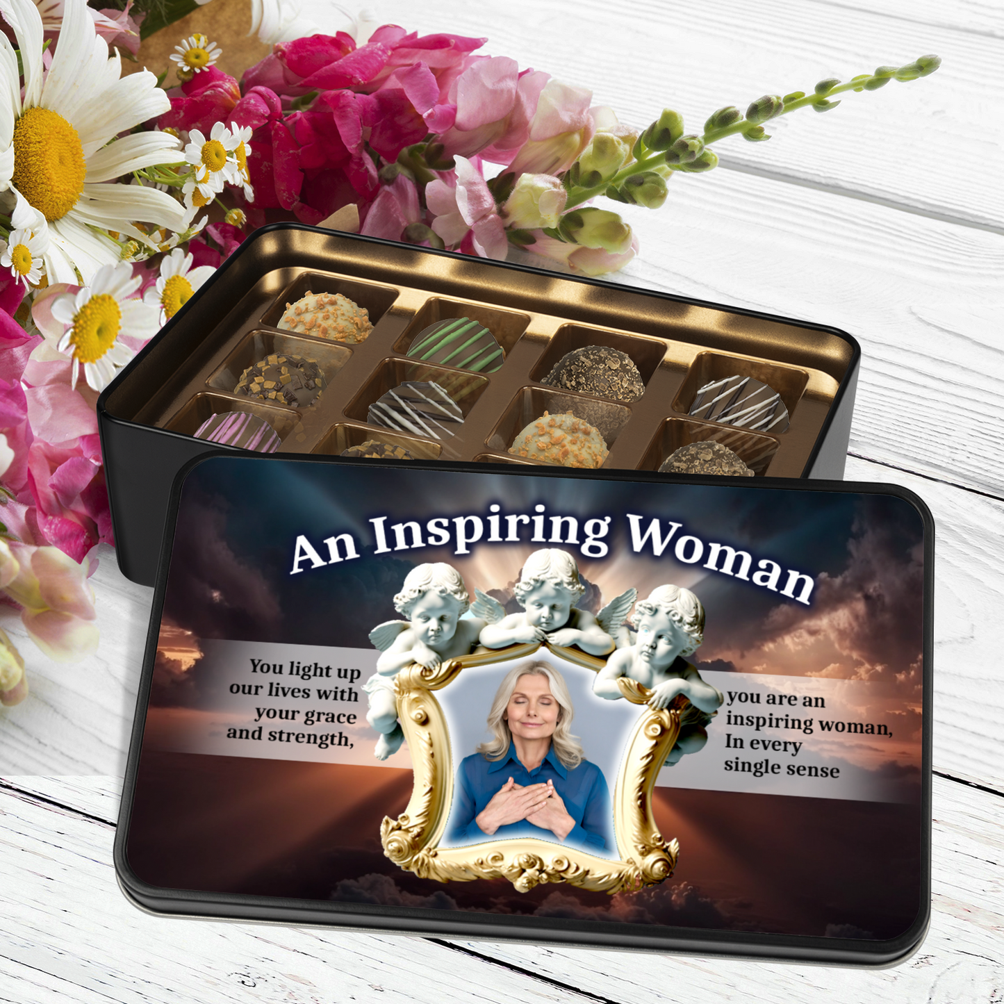 An Inspiring Woman Keepsake Tin Of 12 Luxury Handmade Chocolates With Personalized Text