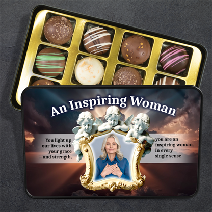 An Inspiring Woman Keepsake Tin Of 12 Luxury Handmade Chocolates With Personalized Text