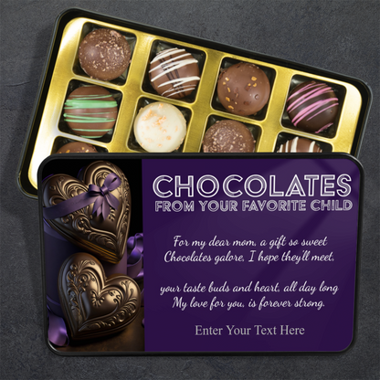 To Mom From Your Favorite Child Keepsake Tin Of 12 Luxury Handmade Chocolates With Personalized Text